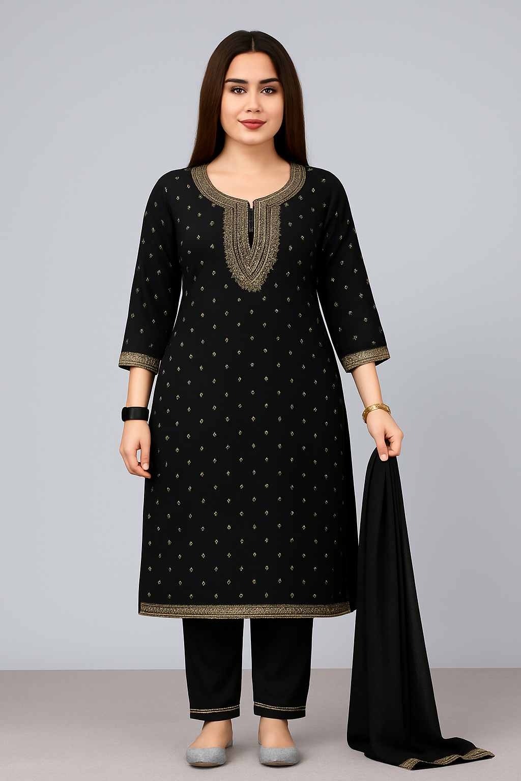 “Elegant Embroidered Kurti Suit Set with Dupatta – Available in Black, Maroon, Yellow & Green”