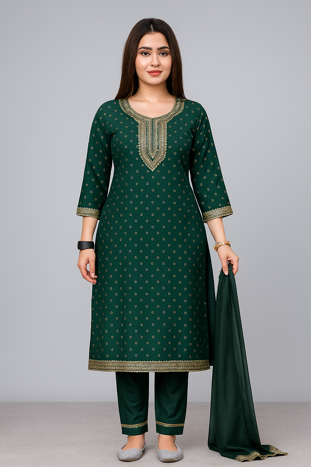 “Elegant Embroidered Kurti Suit Set with Dupatta – Available in Black, Maroon, Yellow & Green”