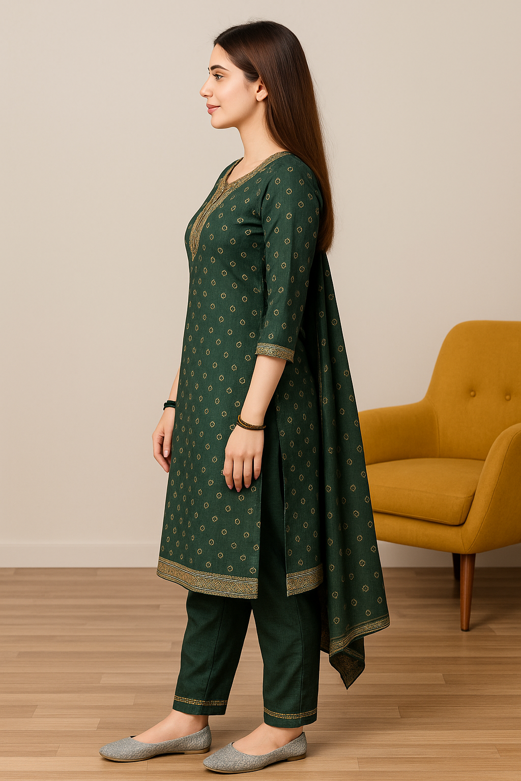 “Elegant Embroidered Kurti Suit Set with Dupatta – Available in Black, Maroon, Yellow & Green”