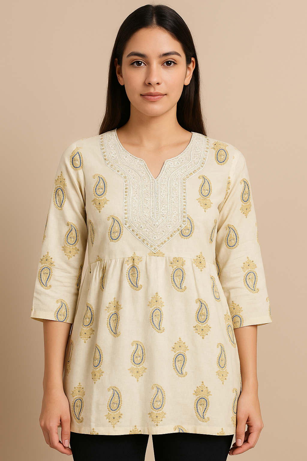 “Timeless Cream Kurti with Royal Paisley Embroidery – Elegant Chic”