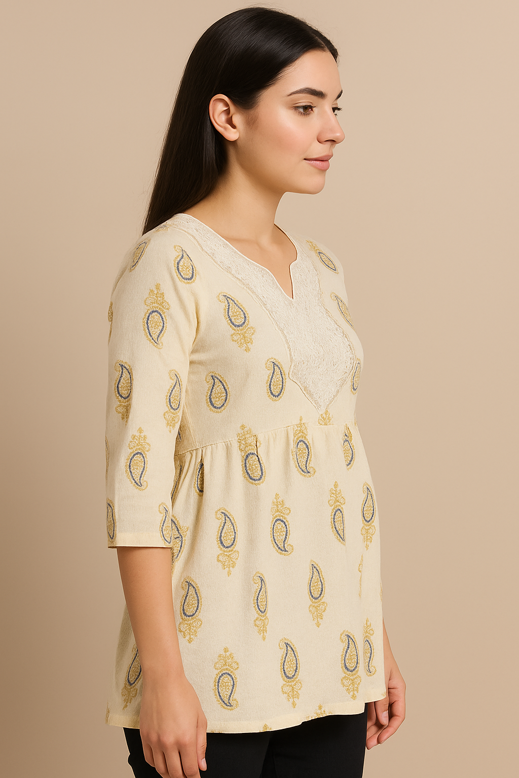 “Timeless Cream Kurti with Royal Paisley Embroidery – Elegant Chic”