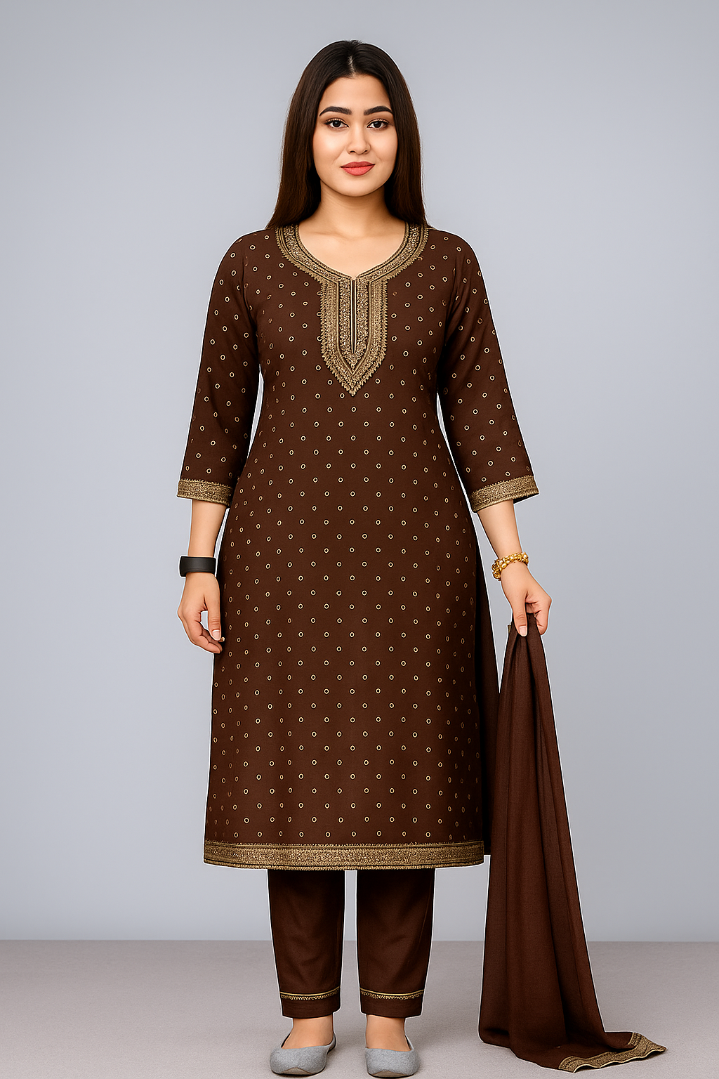 “Elegant Embroidered Kurti Suit Set with Dupatta – Available in Black, Maroon, Yellow & Green”