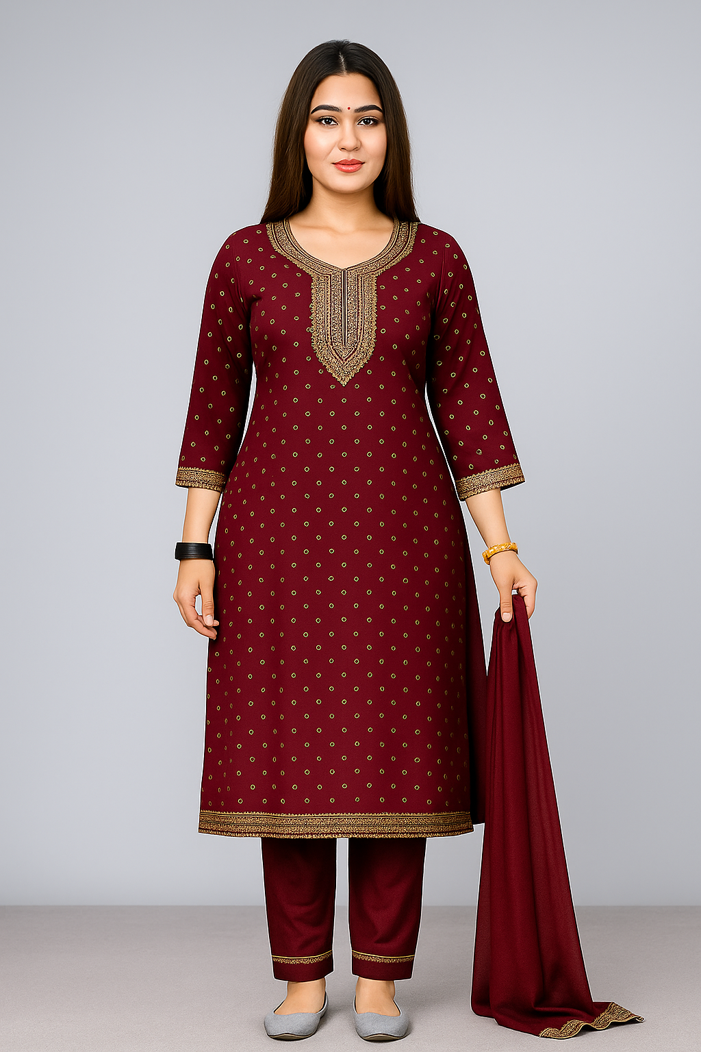 “Elegant Embroidered Kurti Suit Set with Dupatta – Available in Black, Maroon, Yellow & Green”