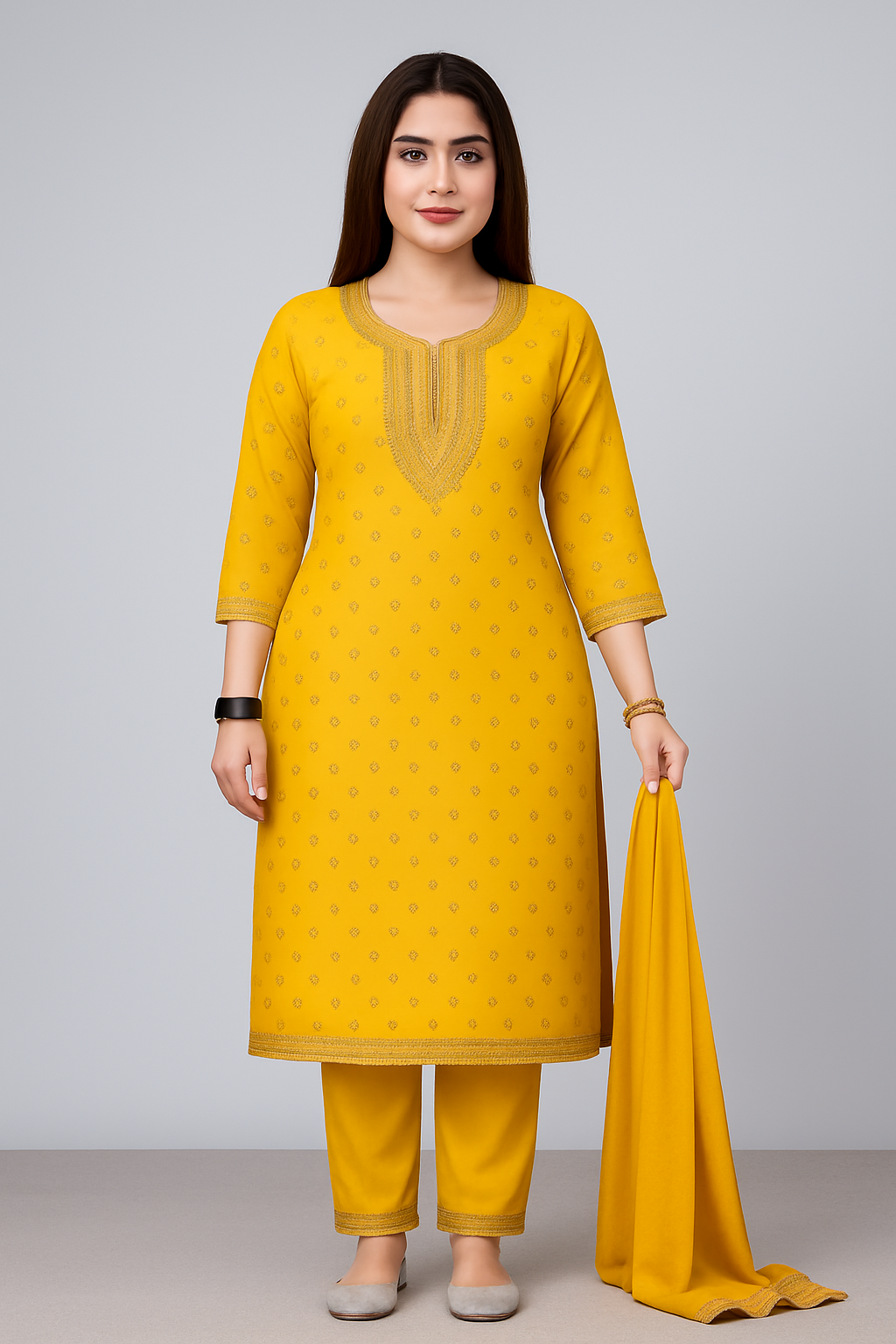 “Elegant Embroidered Kurti Suit Set with Dupatta – Available in Black, Maroon, Yellow & Green”