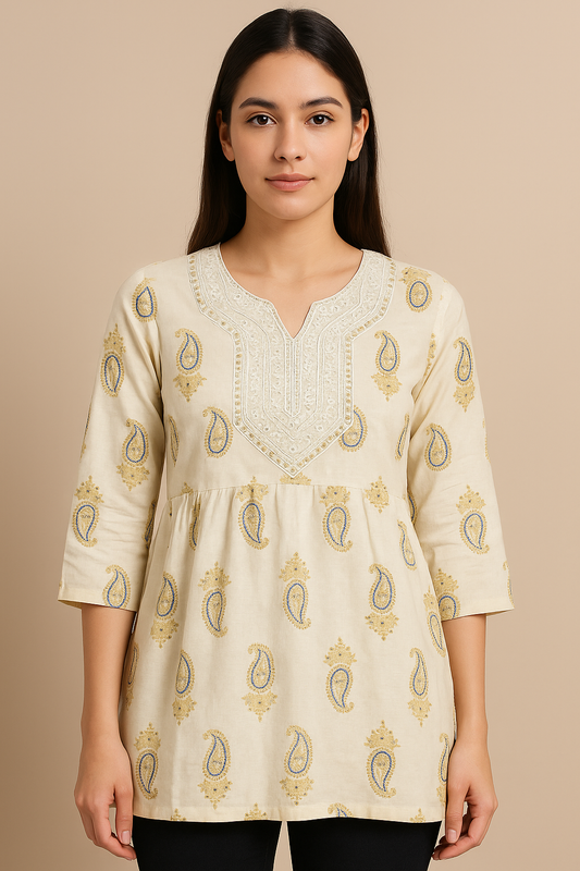 “Timeless Cream Kurti with Royal Paisley Embroidery – Elegant Chic”